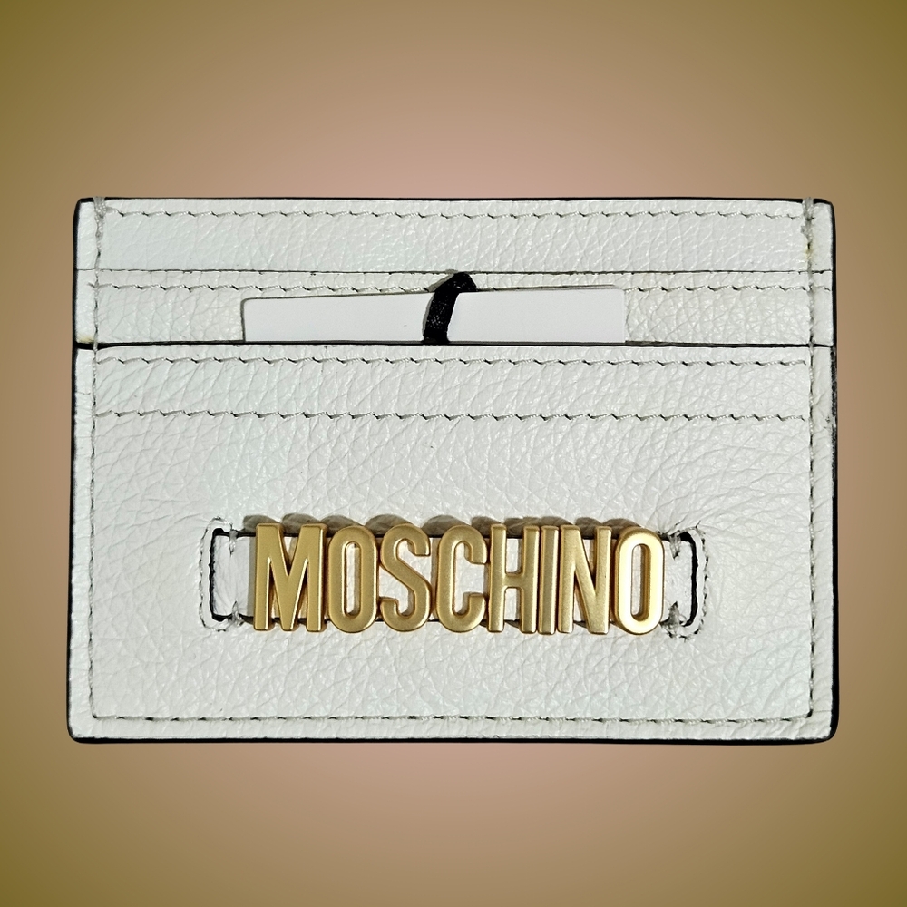 Moschino Card Case Wallet White Gold Tone Leather Minimalist Classic Gift